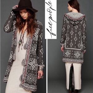 Free People Kai Tassel Pom Pom Tapestry Hooded Long Cardigan Sweater XS